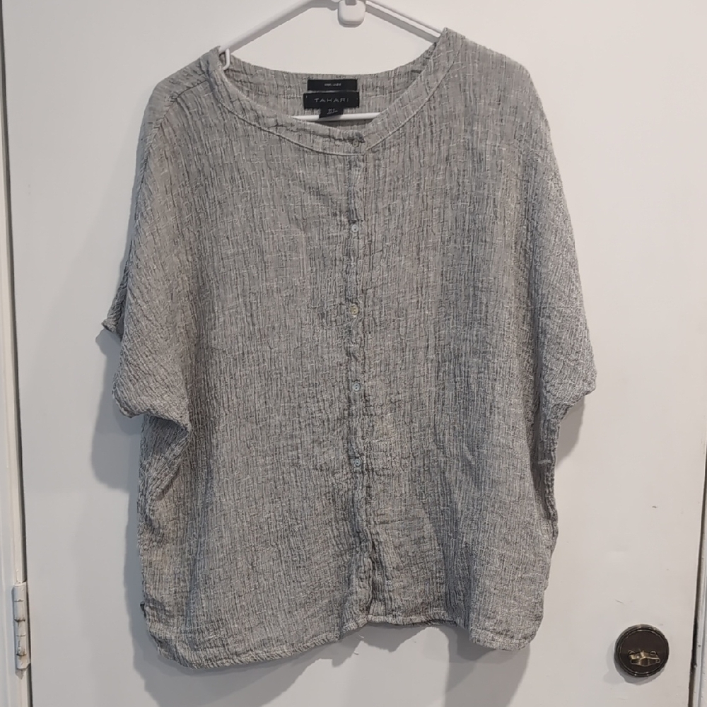 Tahari 100% Linen Gray Short Sleeve Oversized Button Down Shirt Boxy Size Small